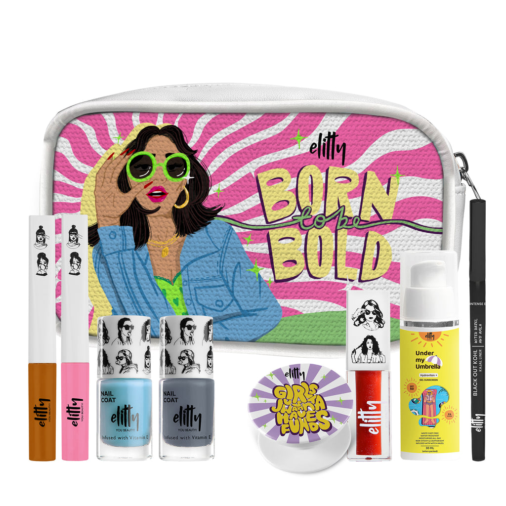 Elitty Born To Be Bold Kit - Complete Makeup Kit for Teens (2 Nail Polishes| 2 Coloured Eyeliner| 1 Kajal 1 Lip Gloss| 1 Sunscreen) - Pack of 7, Makeup for Teenagers)