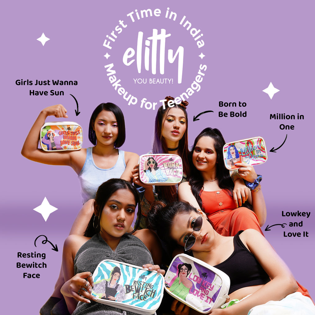 Elitty Born To Be Bold Kit - Complete Makeup Kit for Teens (2 Nail Polishes| 2 Coloured Eyeliner| 1 Kajal 1 Lip Gloss| 1 Sunscreen) - Pack of 7, Makeup for Teenagers)