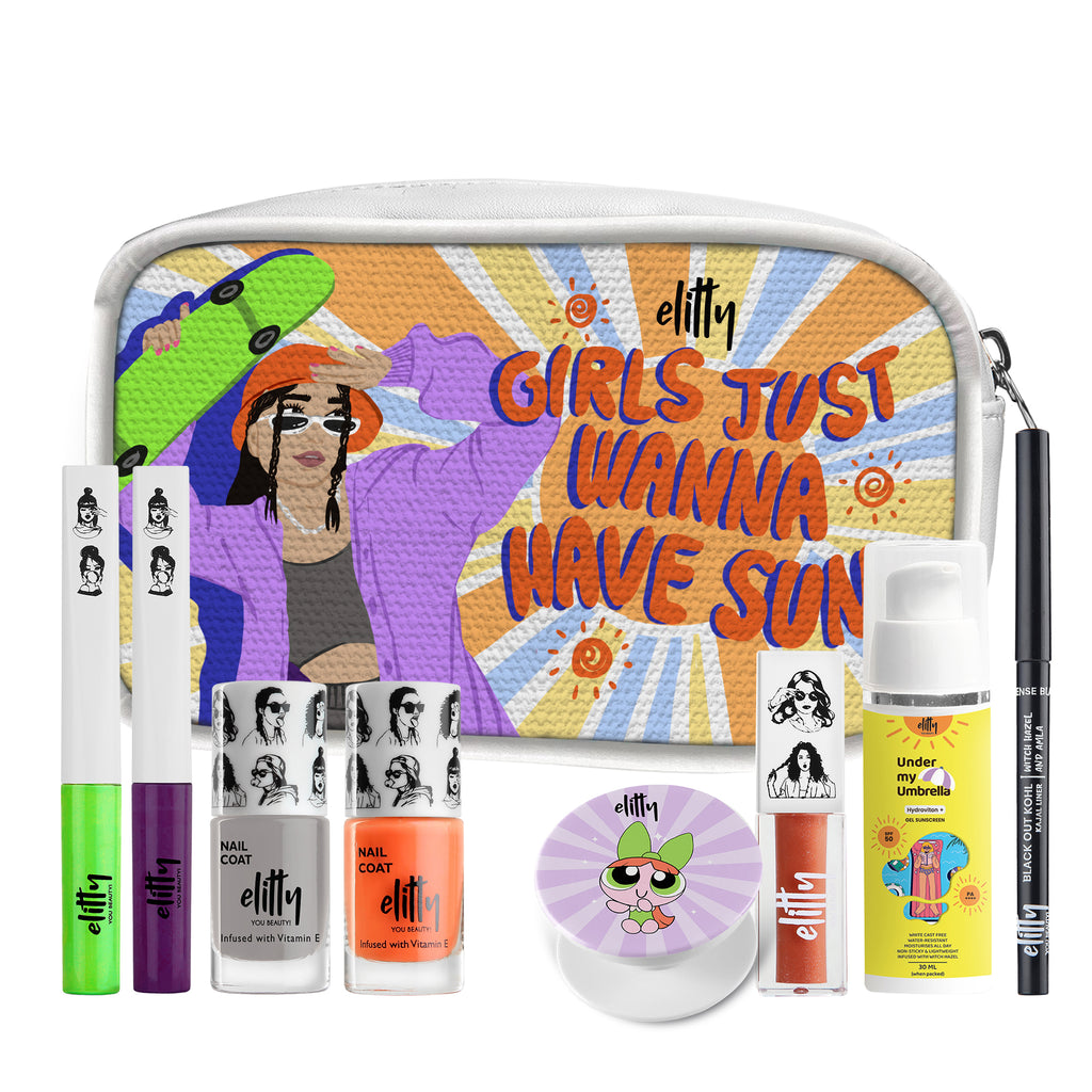 Elitty Girl Just Wanna Have Sun - Complete Makeup Kit for Teens (2 Nail Polishes |2 Coloured Eyeliner| 1 Kajal 1 Lip Gloss| 1 Sunscreen) - Pack of 7, Makeup for Teenagers